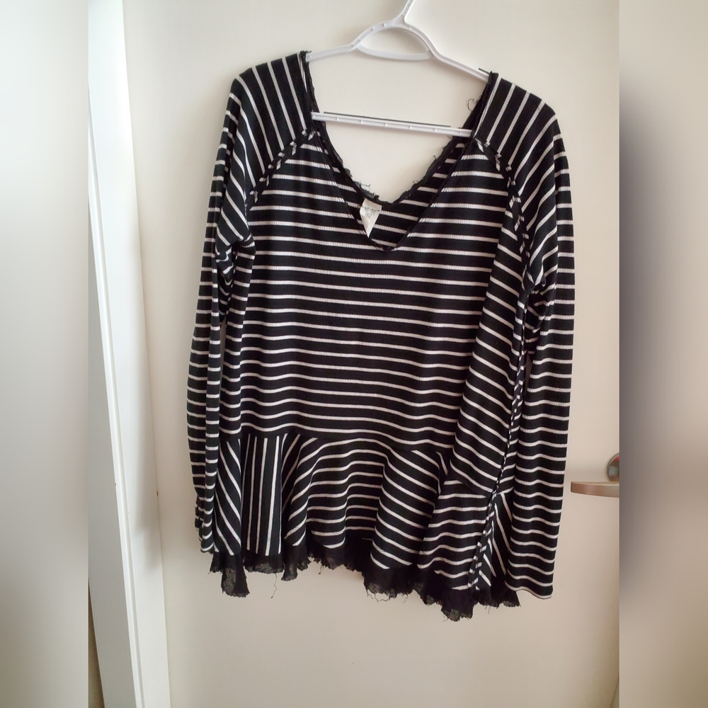 Free People Black and White Striped Flowly V Neck
